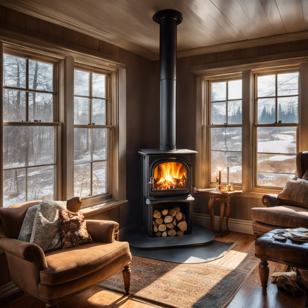 An image showcasing a cozy living room with a crackling wood stove as its focal point