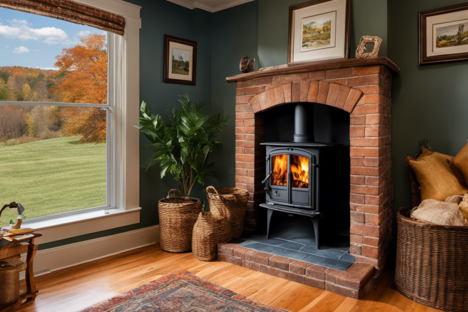 An image depicting a picturesque wood stove nestled in a cozy living room, showcasing a durable silicone boot seamlessly connecting the chimney