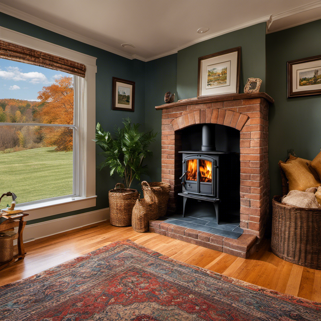 An image depicting a picturesque wood stove nestled in a cozy living room, showcasing a durable silicone boot seamlessly connecting the chimney