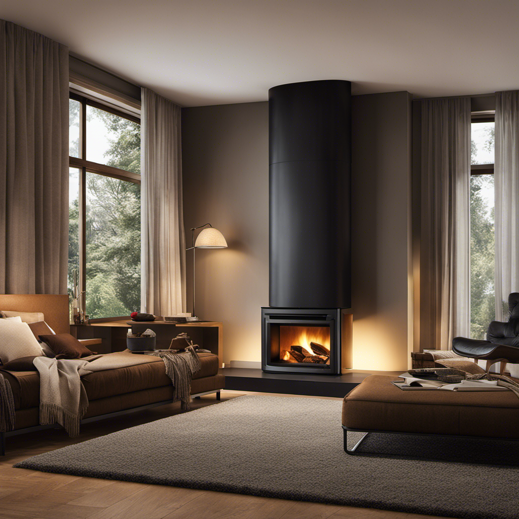 An image that depicts a cozy bedroom with a pellet stove gently emitting a warm, comforting glow
