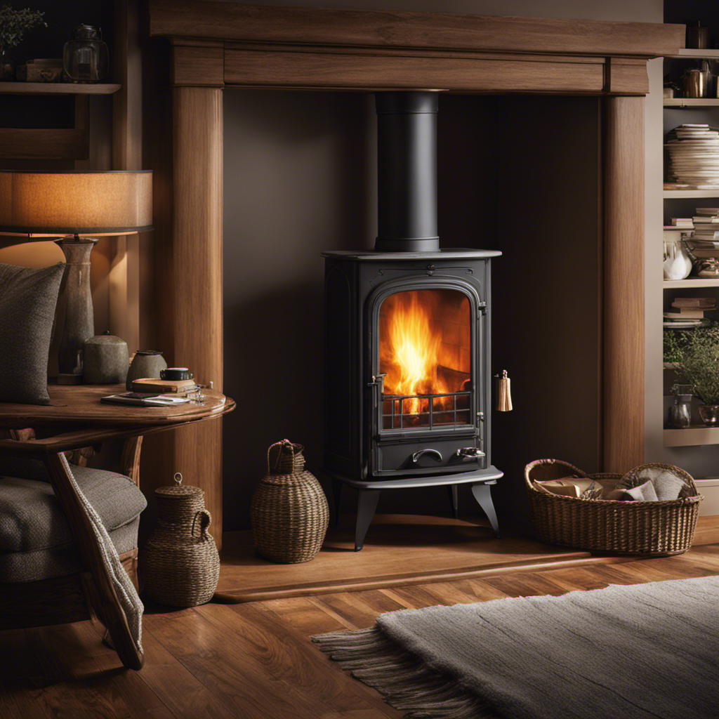 An image that depicts a cozy living room with a wood stove