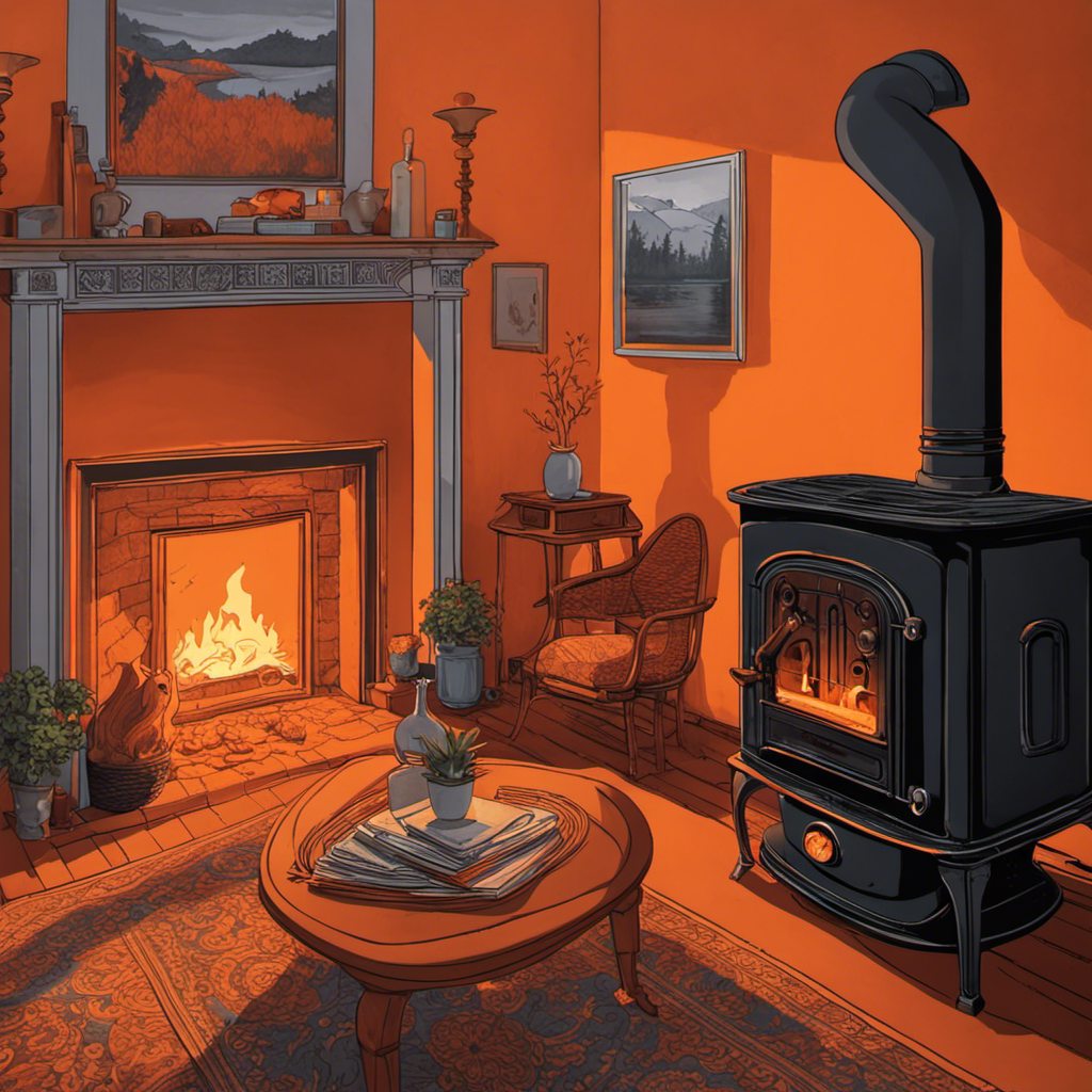 An image showcasing a cozy living room filled with smoke, illuminated by a menacing orange glow emanating from a malfunctioning pellet stove