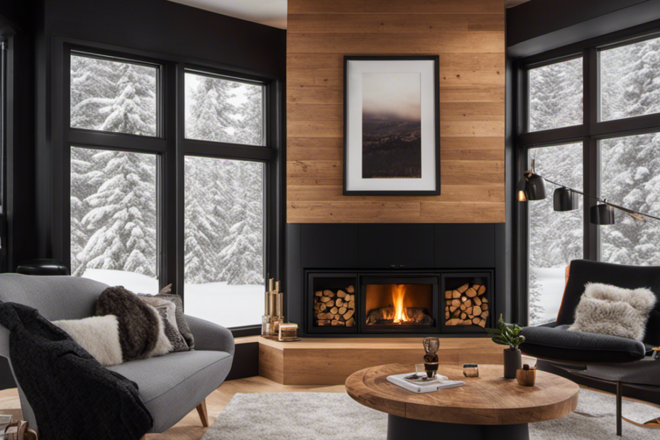 Depict a cozy living room adorned with a sleek, black pellet stove emitting a gentle, radiant heat
