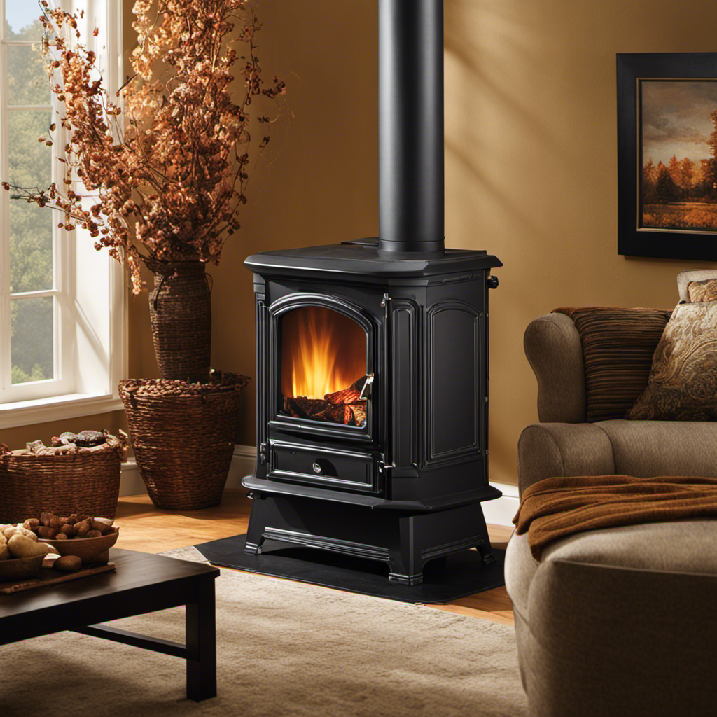 An image showcasing a pellet stove roaring with intense flames, glowing hot embers, and billowing plumes of smoke, while a cozy living room basks in its quick, efficient warmth