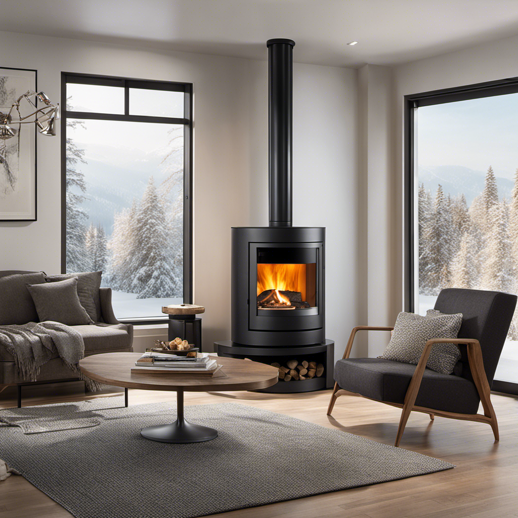 An image showcasing a modern living room, bathed in warm and cozy light from a sleek pellet stove
