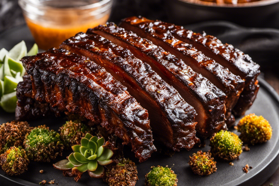 An image of a succulent rack of ribs, beautifully caramelized and glistening with a smoky glaze, sizzling on a Traeger Wood Pellet Grill