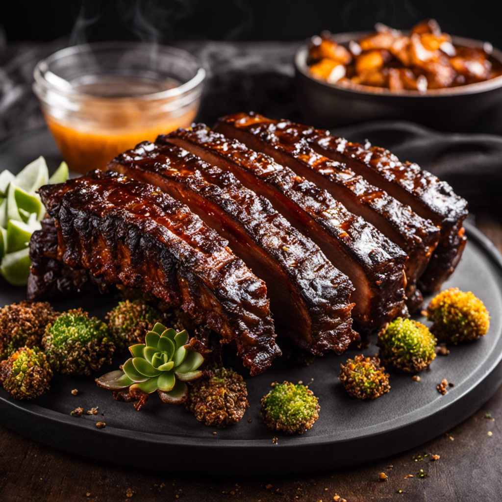 An image of a succulent rack of ribs, beautifully caramelized and glistening with a smoky glaze, sizzling on a Traeger Wood Pellet Grill