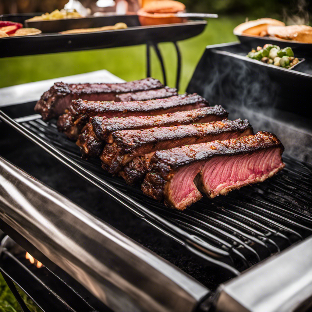 An image of a succulent, perfectly cooked rack of ribs on a Traeger Wood Pellet Grill