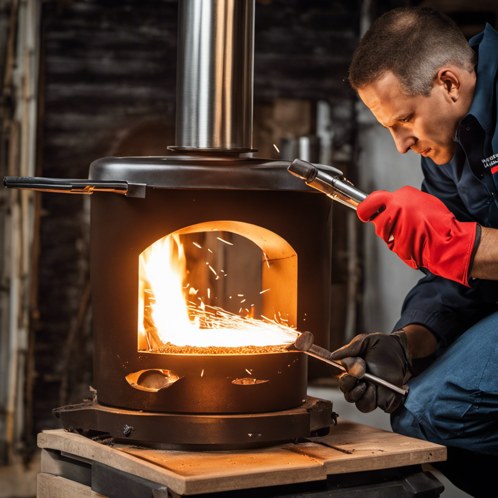 An image that illustrates a skilled technician wearing protective gloves and using a wrench to carefully disassemble a pellet stove auger, revealing a clogged section