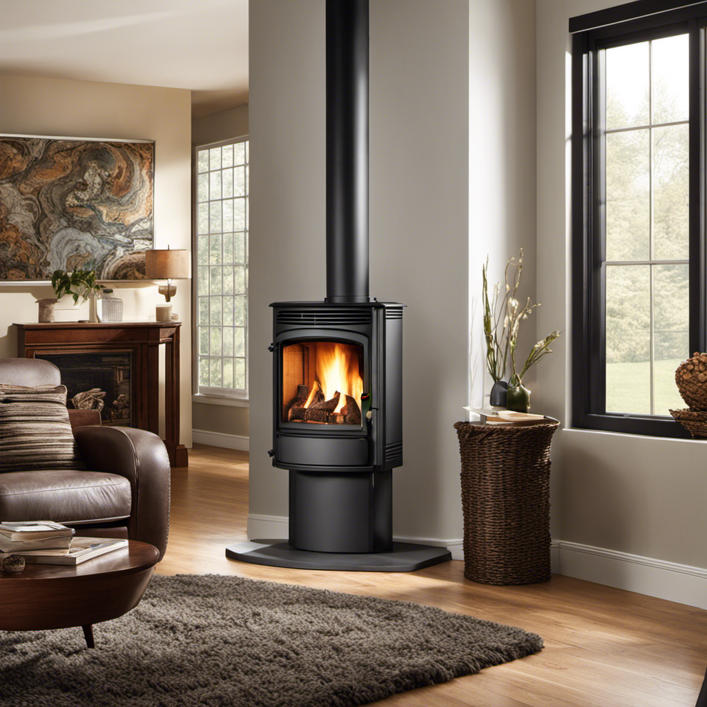 An image capturing the mesmerizing glow of a fully stocked pellet stove, radiating warmth and comfort throughout a cozy living room