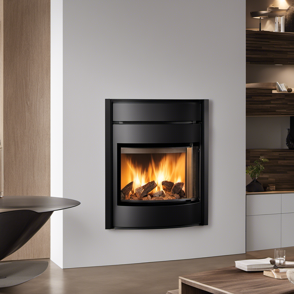 An image depicting a modern, sleek pellet stove with a built-in thermostat, displaying its seamless integration and innovative technology, enhancing efficiency and convenience