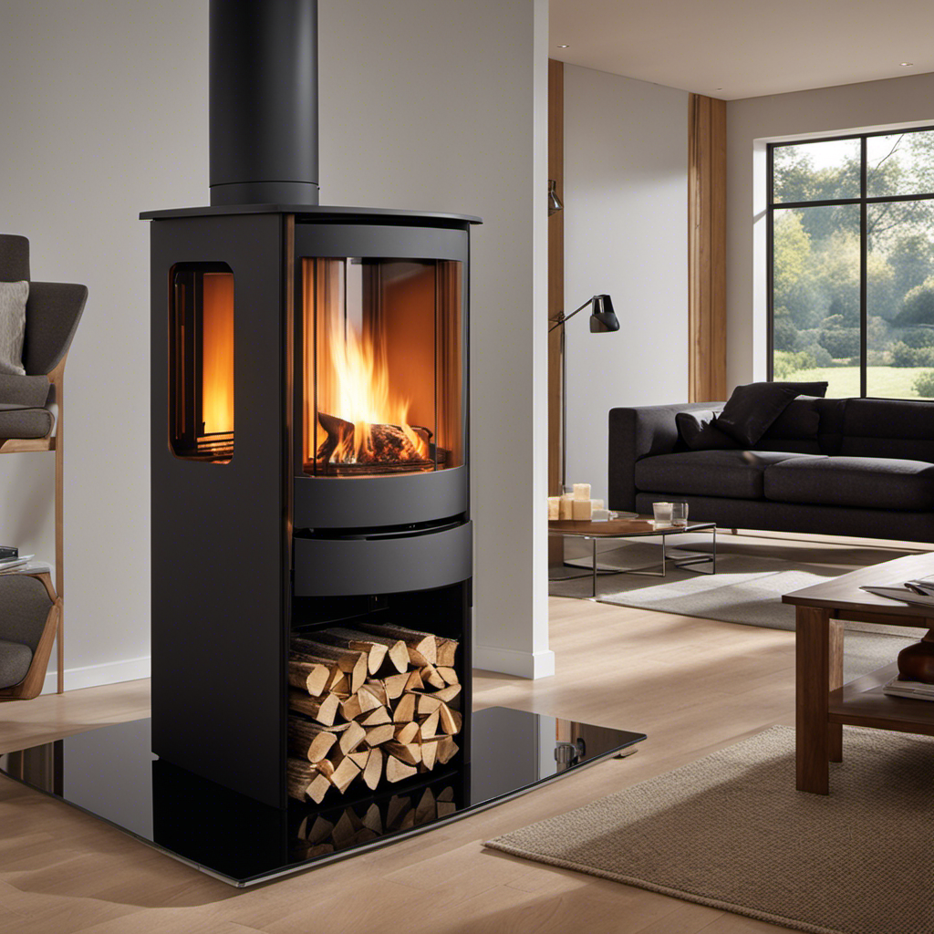 An image showcasing a modern, sleek multi-fuel stove standing tall amidst a cozy living room