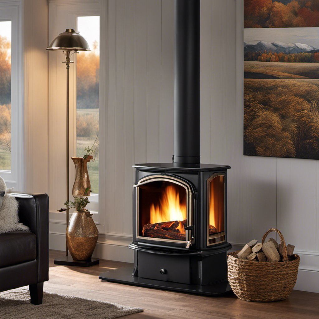 An image showcasing a cozy living room, with a blazing pellet stove at its center, casting a warm and inviting glow