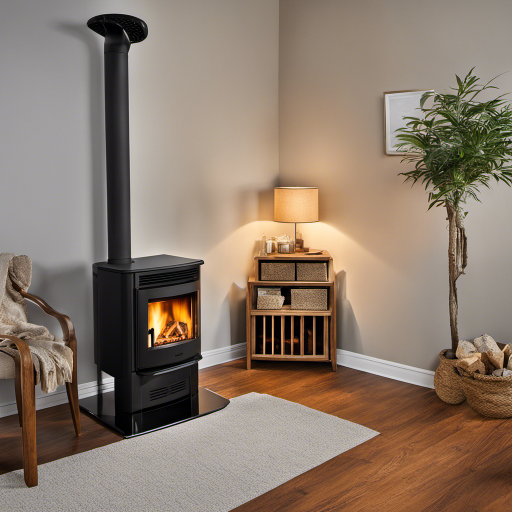 An image showcasing a cozy living room, illuminated by the warm glow of a pellet stove