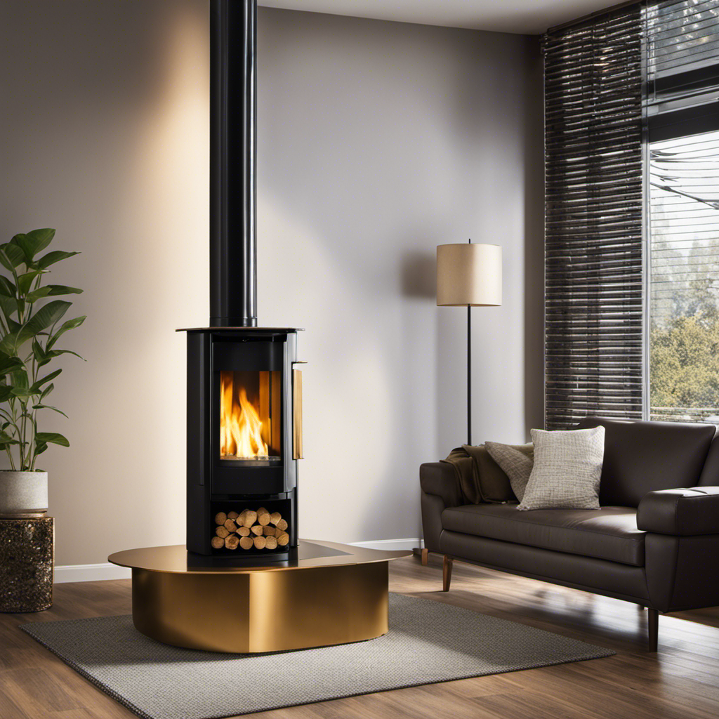 An image showcasing a modern living room adorned with a sleek, environmentally-friendly pellet stove, radiating warm, golden hues