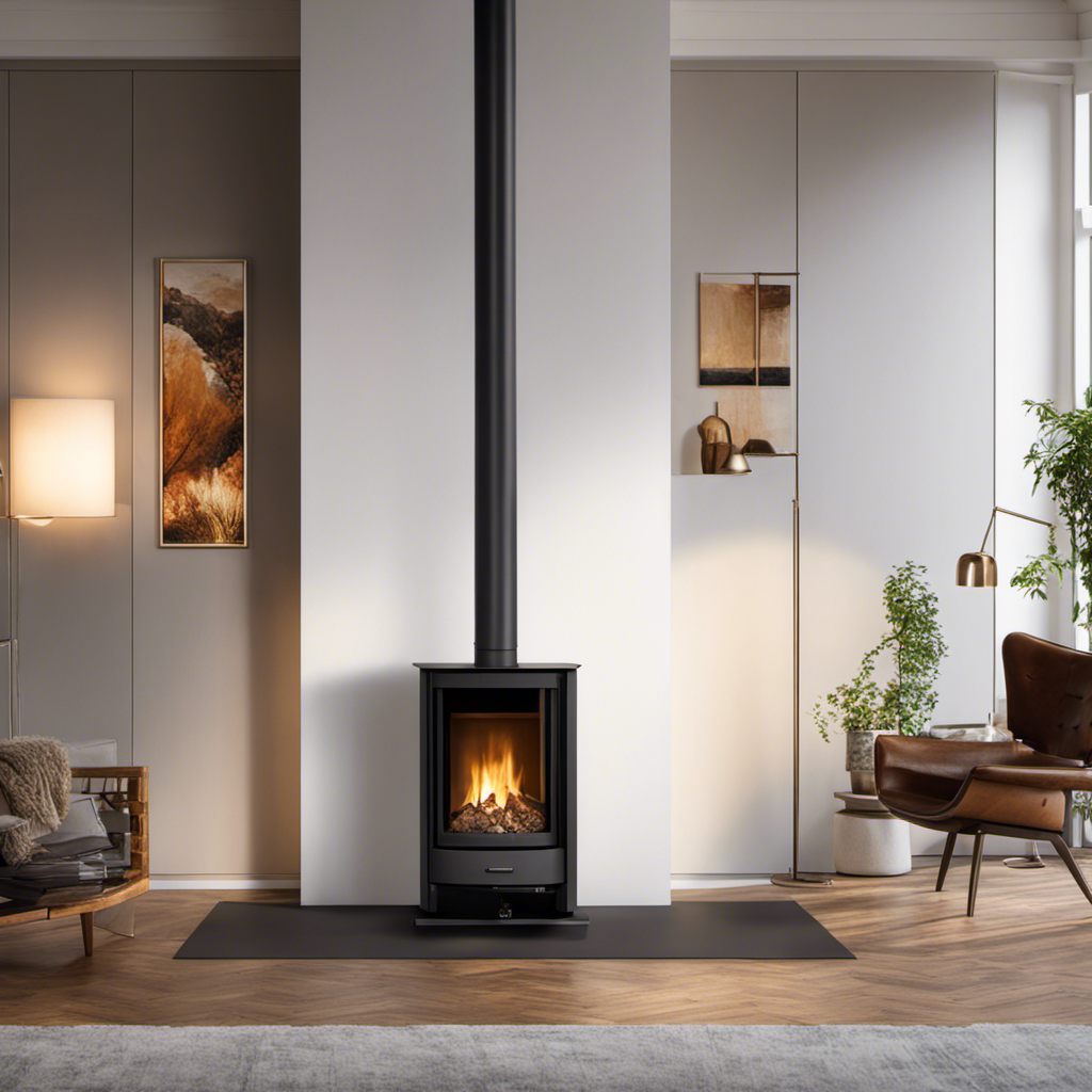 An image showcasing the mesmerizing dance of golden embers flickering inside a sleek, modern pellet stove, casting a warm, inviting glow that transforms any living space into a cozy oasis of comfort and efficiency