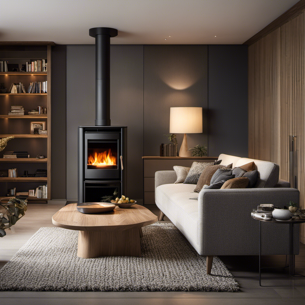 An image showcasing a cozy living room with a sleek, modern pellet stove as the centerpiece