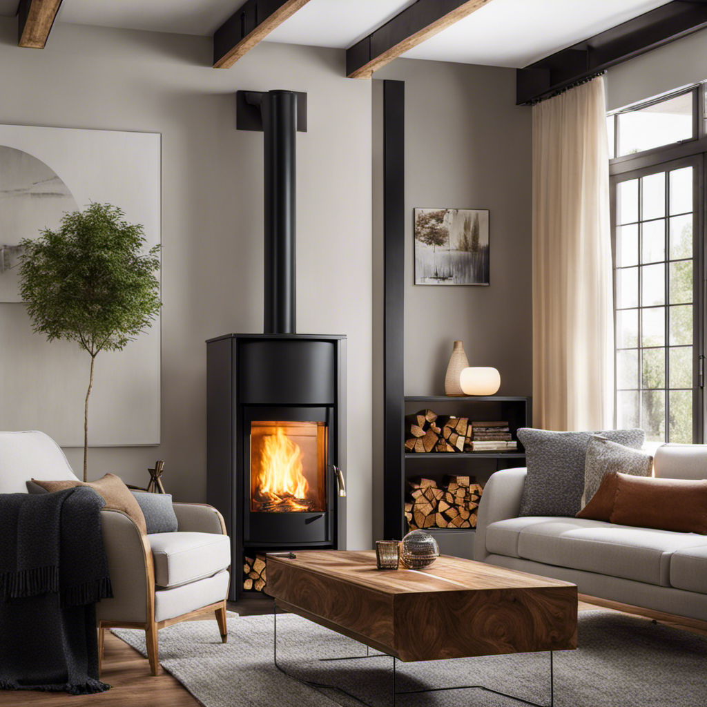 An image showcasing a cozy living room with a modern pellet stove emitting gentle warmth, contrasting with a traditional wood-burning fireplace crackling with golden flames