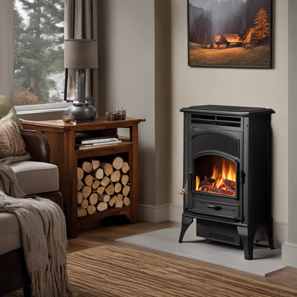 An image showcasing a cozy living room, bathed in the warm glow of a pellet stove