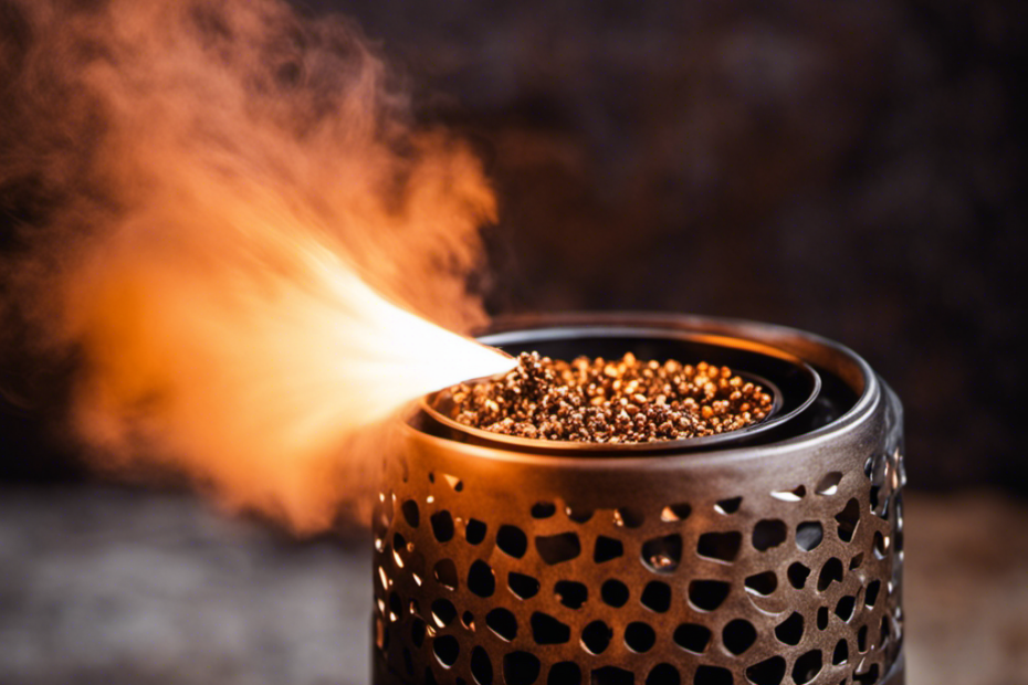 -up photograph of a hand holding a pellet stove igniter, with the sparks illuminating the dimly lit room, showcasing the intricate metal components and the vibrant glow emanating from the device
