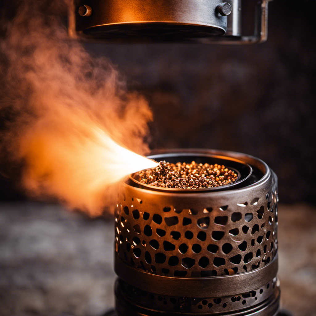 -up photograph of a hand holding a pellet stove igniter, with the sparks illuminating the dimly lit room, showcasing the intricate metal components and the vibrant glow emanating from the device
