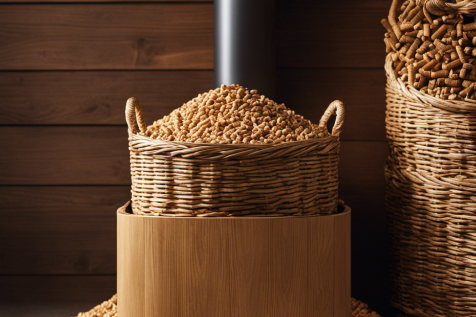 An image showcasing a stack of high-quality wood pellets neatly arranged in a wicker basket beside a cozy pellet stove