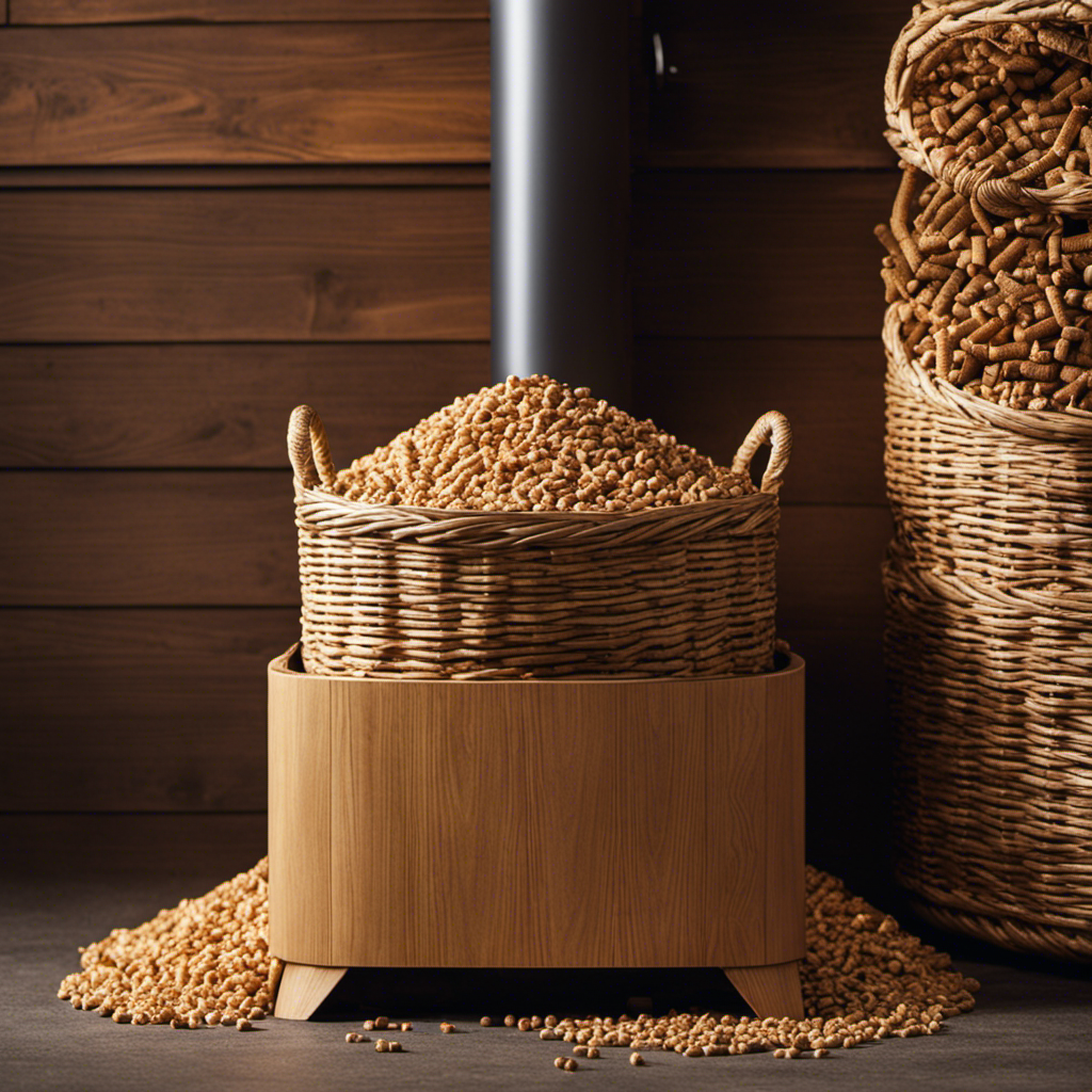 An image showcasing a stack of high-quality wood pellets neatly arranged in a wicker basket beside a cozy pellet stove