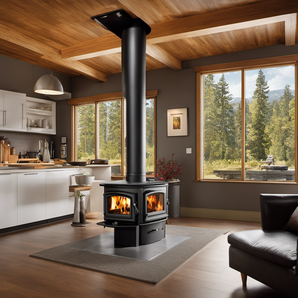 An image showcasing a properly installed wood stove, sitting on a fire-resistant surface, with clearances visibly marked