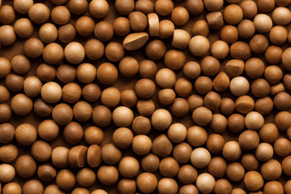 An image showcasing various wood pellet specifications: dense, cylindrical pellets with a diameter of 6mm, smooth texture, and uniform color