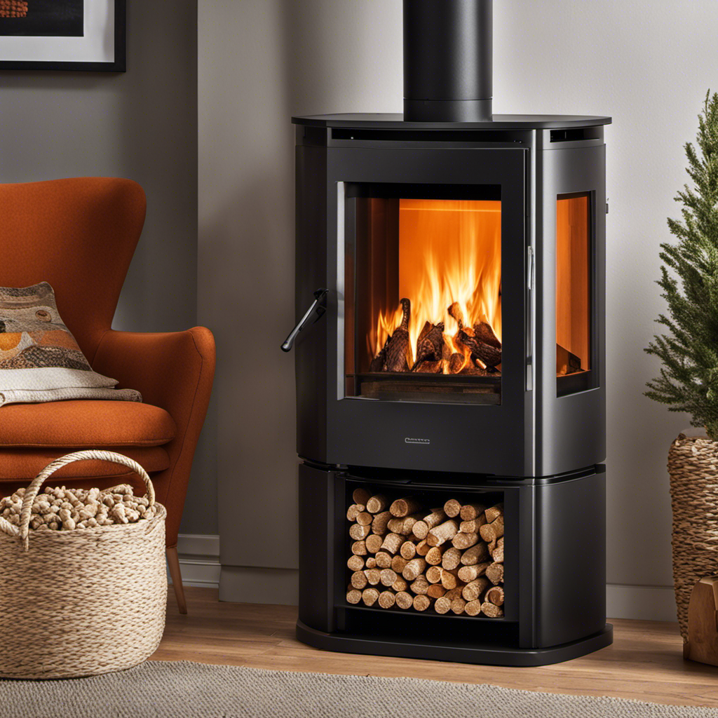 An image showcasing a cozy living room with a modern wood pellet stove as the focal point
