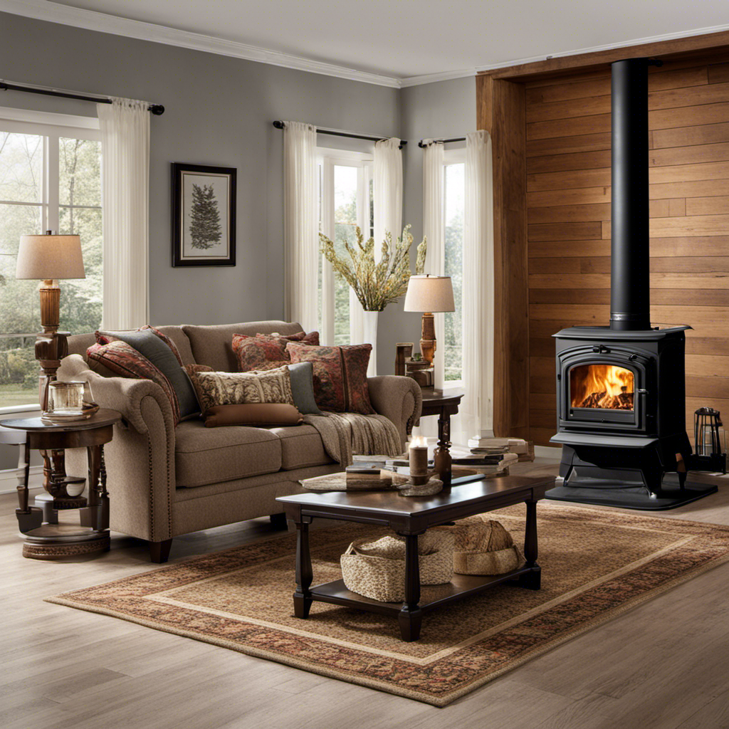 An image showcasing a cozy living room with a crackling wood stove as the focal point