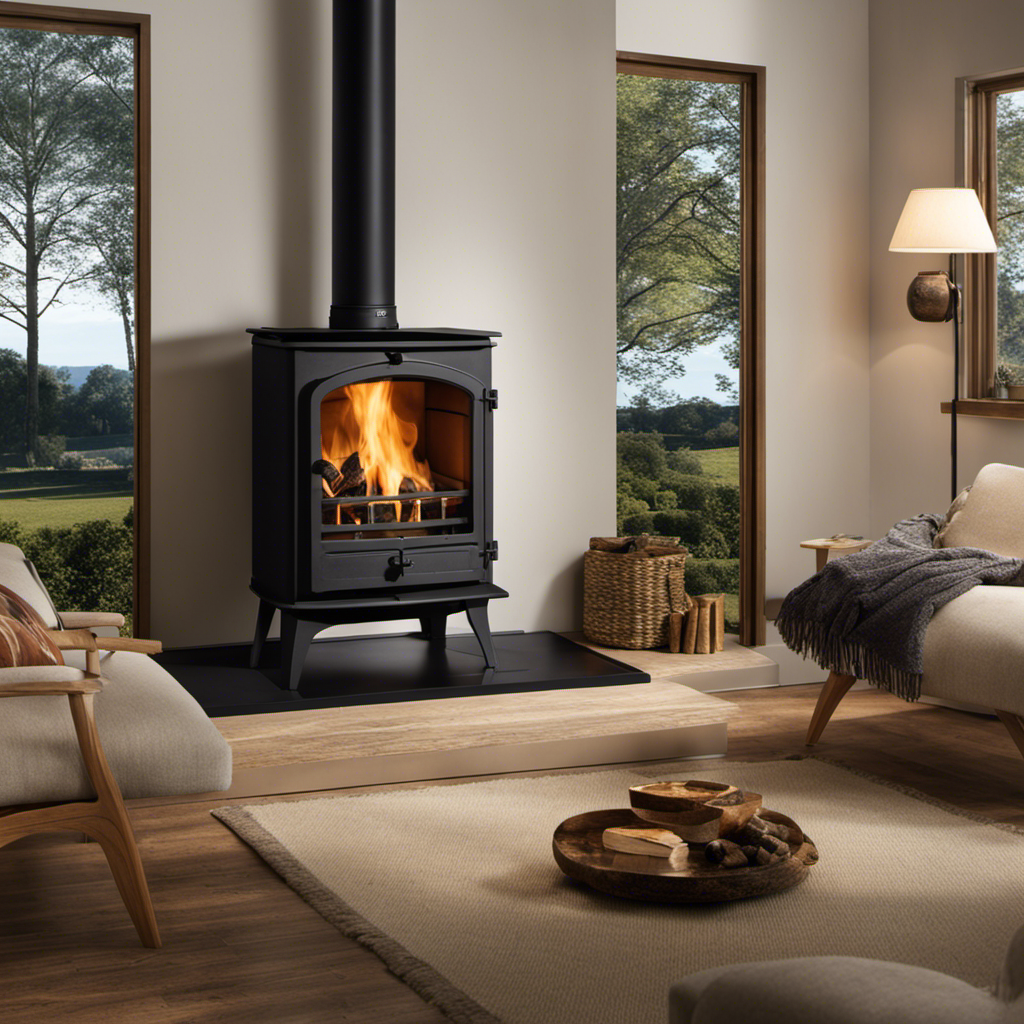 An image showcasing a cozy living room with a high-efficiency wood burning stove as its focal point