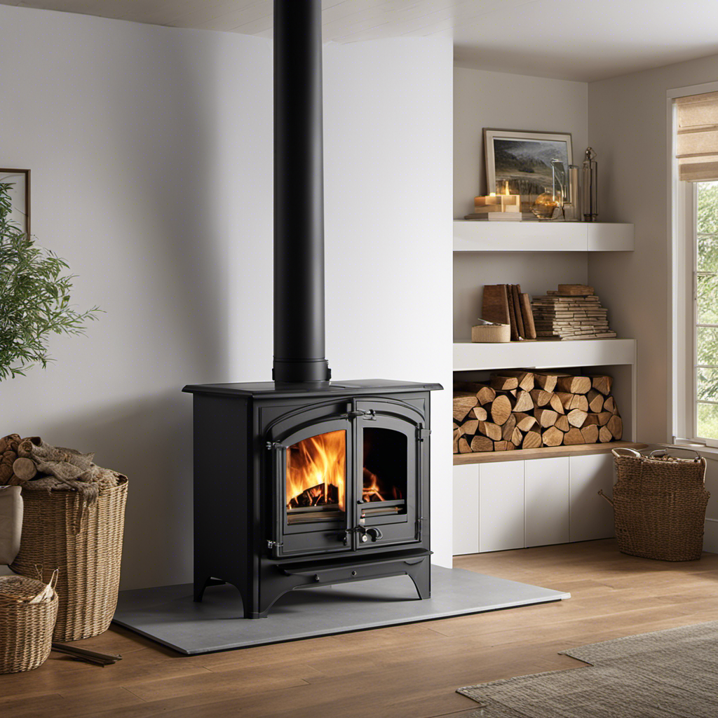 An image featuring a spacious, well-ventilated room with a sturdy chimney, fireproof flooring, and ample clearance around a high-efficiency wood burning stove, showcasing the essential requirements for installation