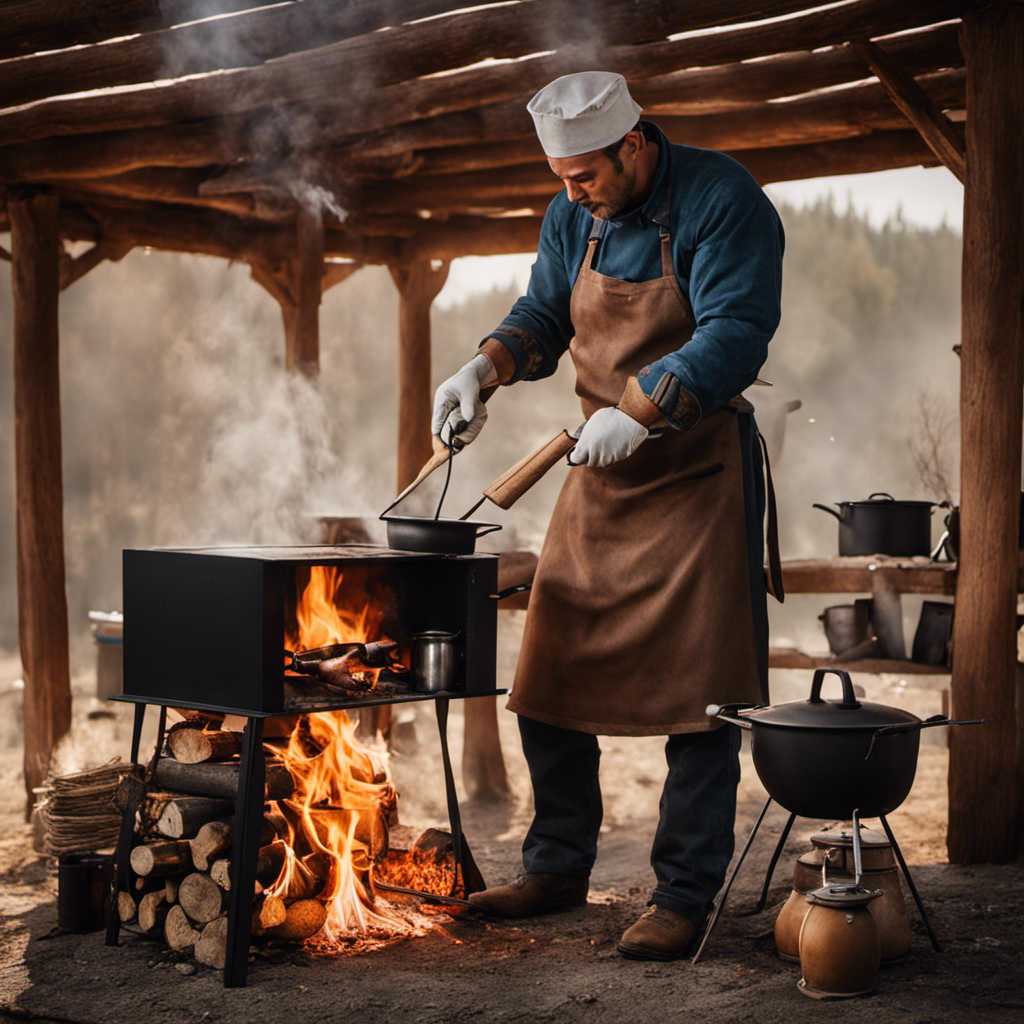 An image showcasing a cook wearing fire-resistant gloves, standing beside a well-ventilated outdoor wood stove, using a long-handled utensil to stir a pot, with a fire extinguisher and a first aid kit nearby