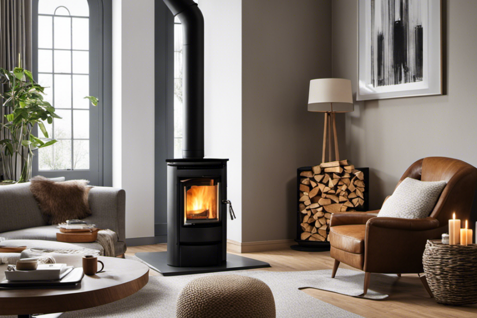 An image showcasing a cozy living room with a compact wood pellet stove nestled in the corner