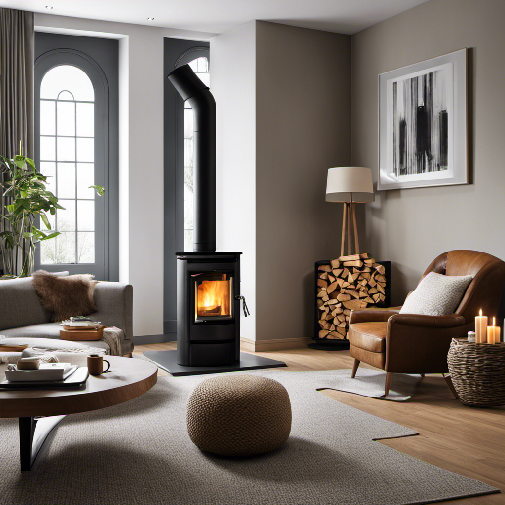 An image showcasing a cozy living room with a compact wood pellet stove nestled in the corner