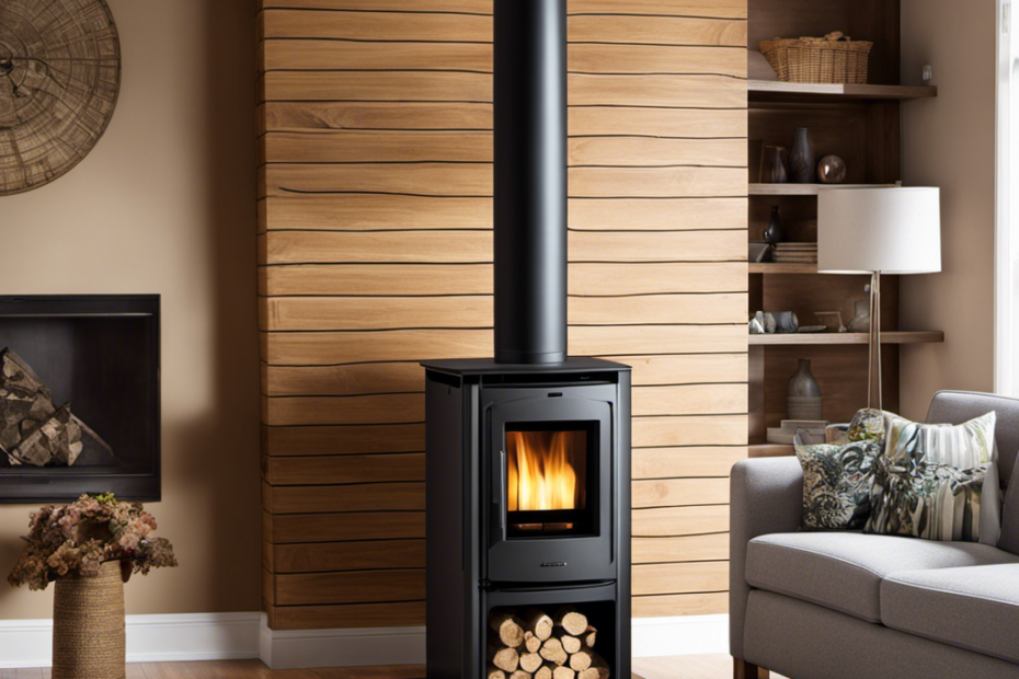 An image showcasing a wood pellet stove installed in a room, perfectly adhering to vent clearance requirements