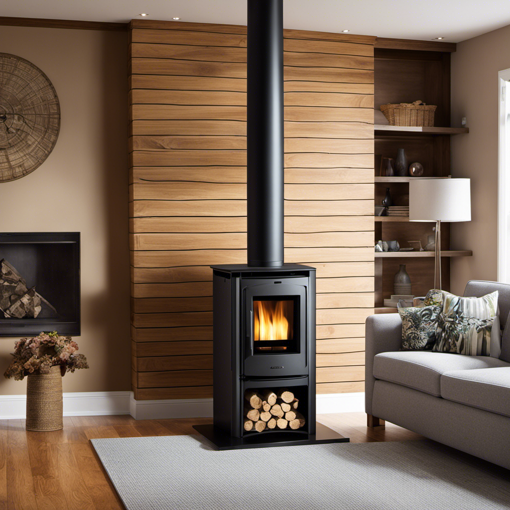 An image showcasing a wood pellet stove installed in a room, perfectly adhering to vent clearance requirements