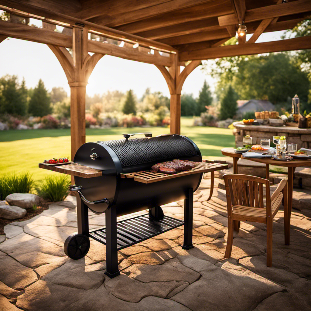 An image showcasing a rustic backyard scene with a wood pellet grill as the focal point