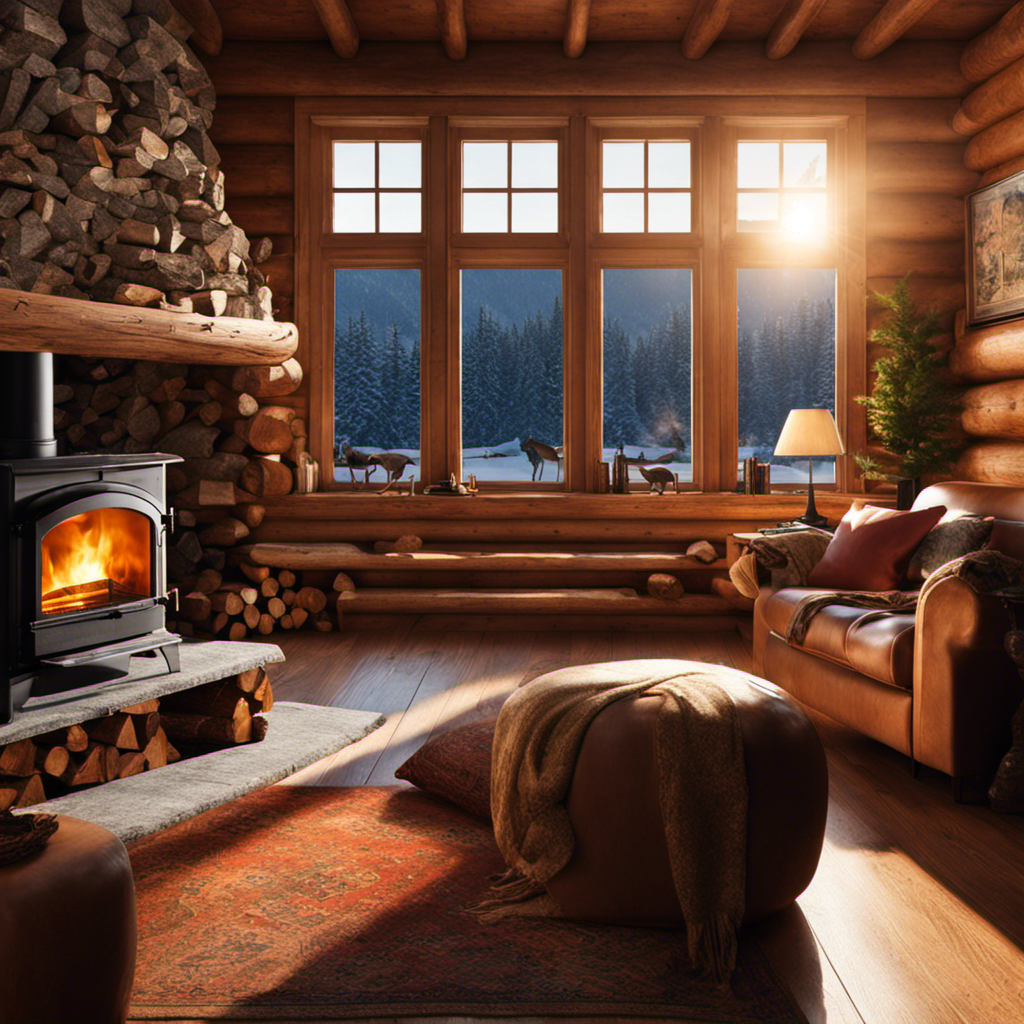 An image showcasing a cozy living room with a wood stove emitting a warm, crackling fire