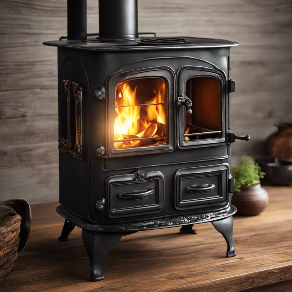 An image showcasing a rustic wood stove with a small cast-iron pot nestled on top, emitting gentle heat