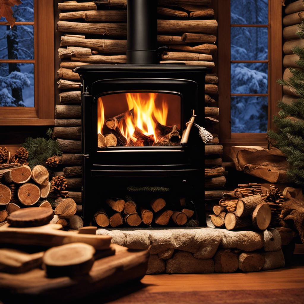 An image capturing the cozy ambiance of a wood stove, showcasing a variety of fuel options neatly stacked nearby