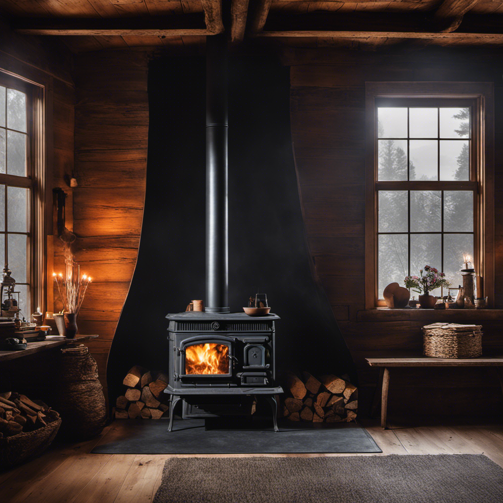 the mesmerizing scene of a rustic, cast-iron wood stove, engulfed in wisps of thick, gray smoke spiraling upwards, dancing and intertwining with the ambient light, as it escapes through the chimney