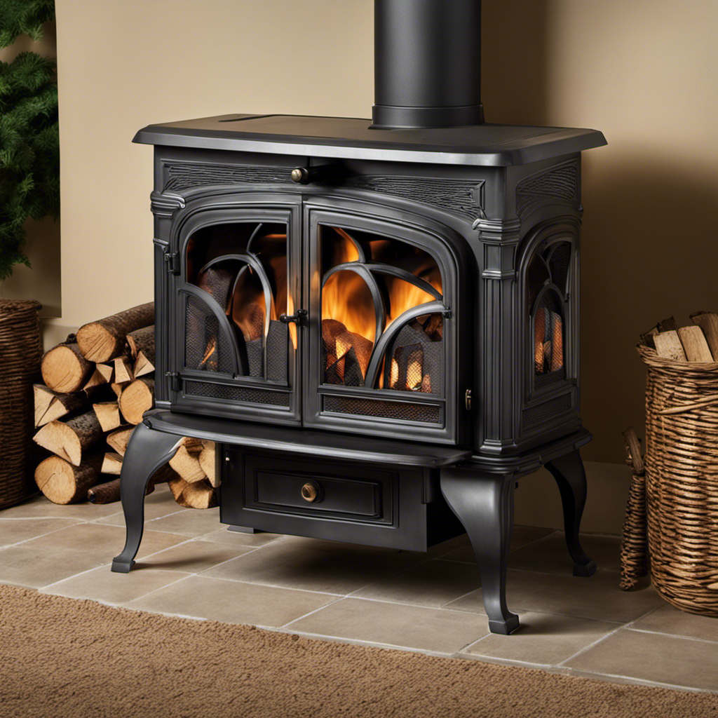 An image showcasing the intricate layers of a wood stove, revealing the interplay between crackling flames, seasoned logs, and a mesh of metal grates
