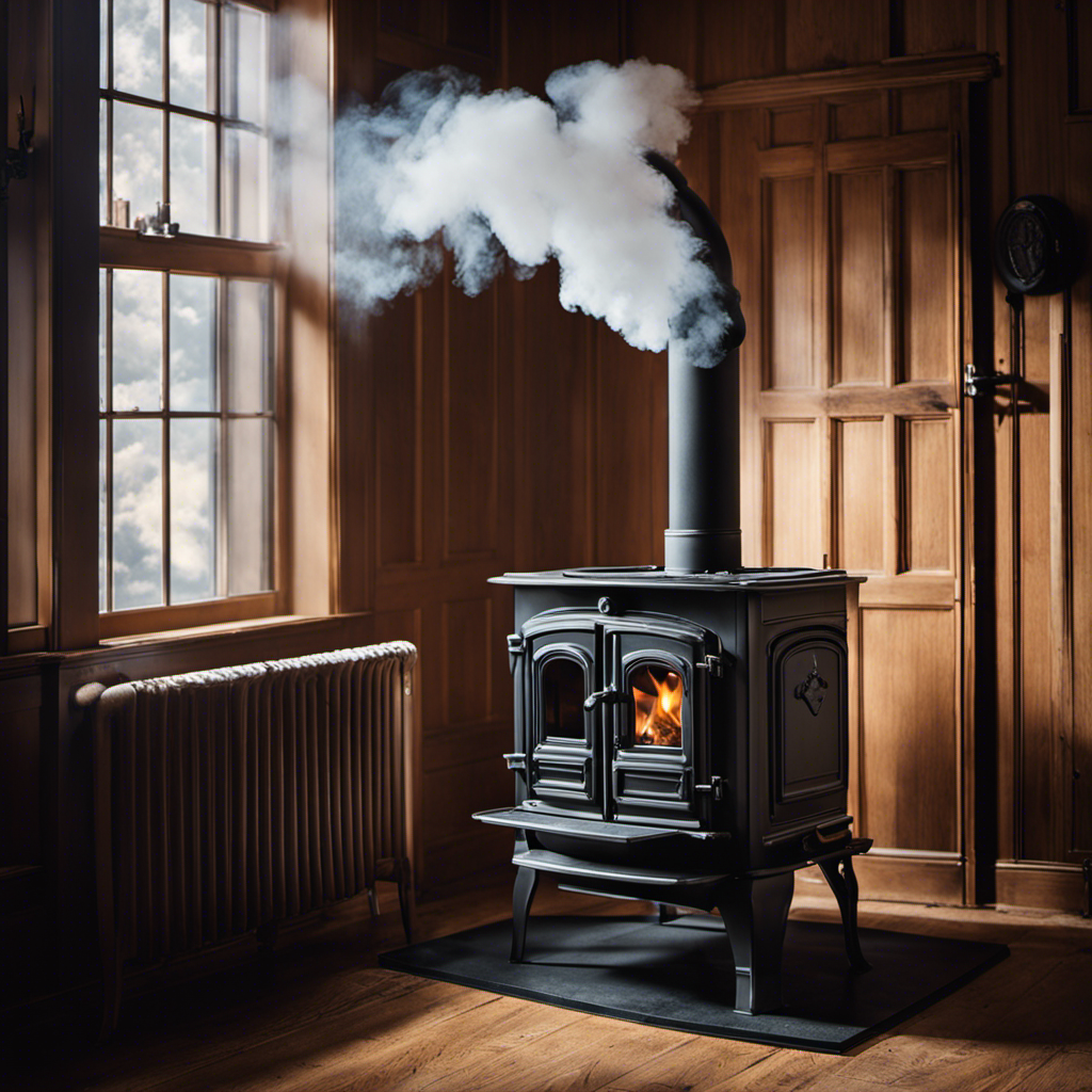 An image showcasing a wood stove with a poorly sealed door, causing smoke to escape into the room