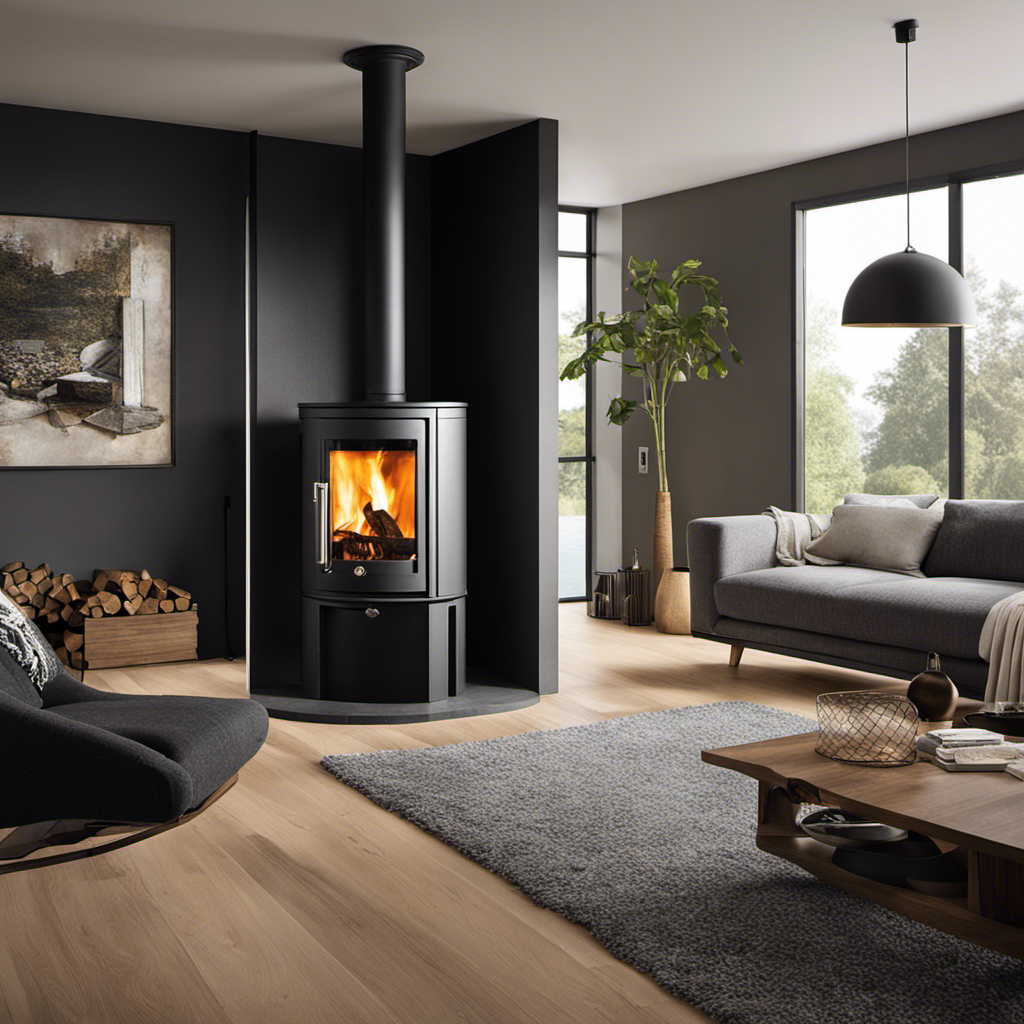 An image showcasing a wood stove surrounded by fire-resistant materials, such as brick, stone, or ceramic tiles
