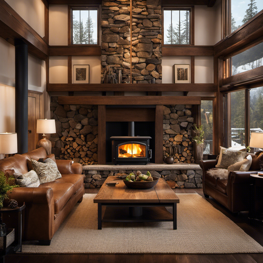 An image showcasing a cozy living room with a wood stove as the focal point