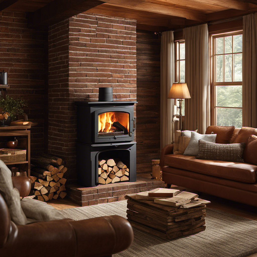 An image showcasing a cozy, well-ventilated room with a sturdy brick chimney, a fireproof hearth, a supply of firewood neatly stacked nearby, and a wood stove perfectly positioned for optimal heating efficiency
