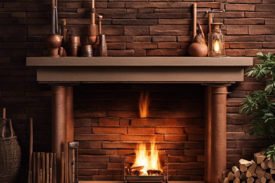 An image showcasing a sturdy, heat-resistant brick wall adorned with a stylish, copper chimney pipe, surrounded by a stack of neatly chopped firewood and a rustic iron fire poker leaning against the wall