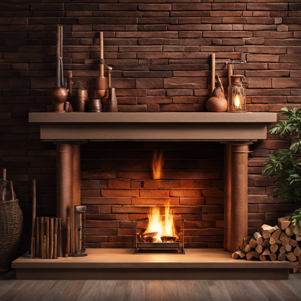 An image showcasing a sturdy, heat-resistant brick wall adorned with a stylish, copper chimney pipe, surrounded by a stack of neatly chopped firewood and a rustic iron fire poker leaning against the wall